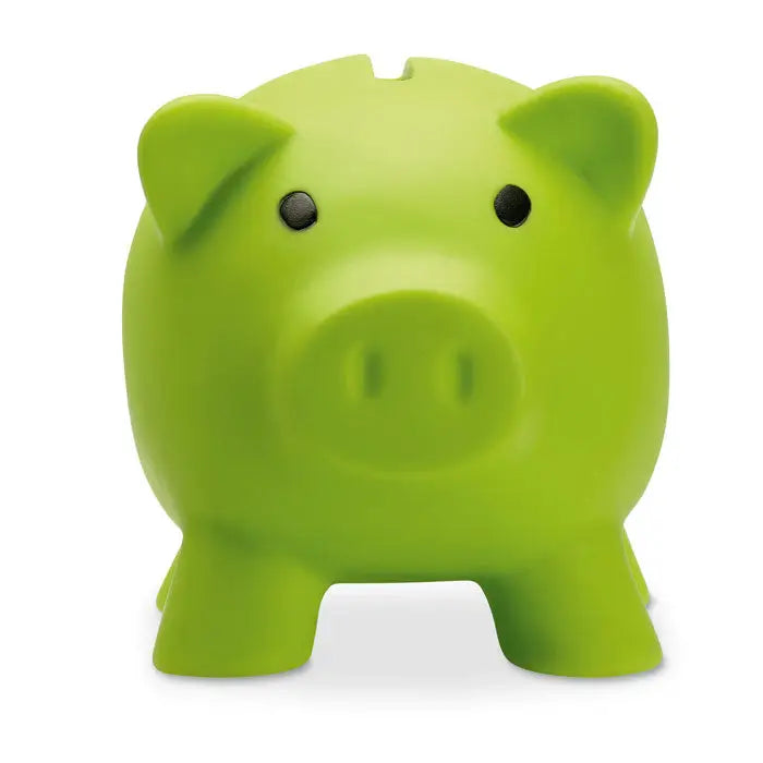 Pusculita de plastic verde lime in forma de porc cu ochi negri si fanta pentru monede pe spate