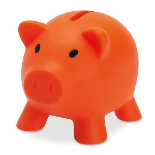 Pusculita portocalie din plastic in forma de purcel cu ochi negri si botic pentru economisire