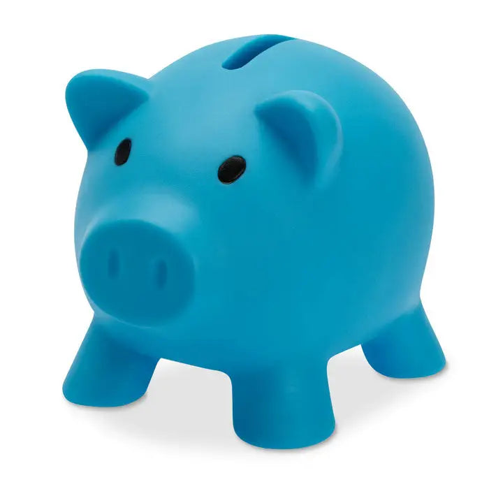 Pusculita albastră din plastic în formă de porc cu ochi negri și slot pentru monede pe spate