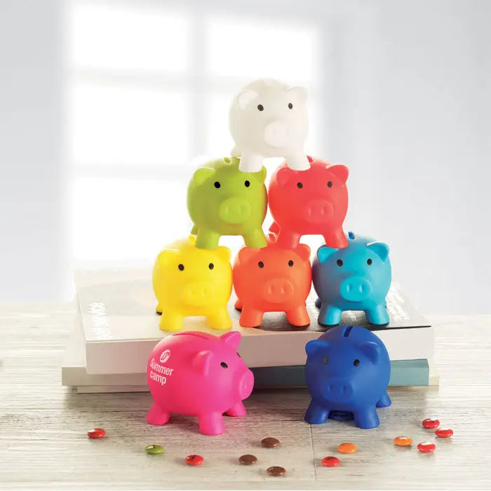 Pusculita set vibrant de pusculite din plastic colorate in roz albastru verde rosu si galben pentru economisire
