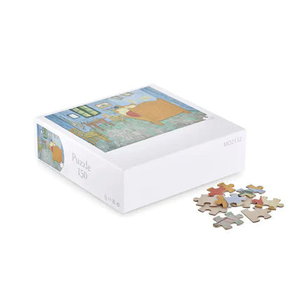 Cutie de puzzle din carton alb cu ilustrație colorată scene interioară etichetată puzzle 150 piese
