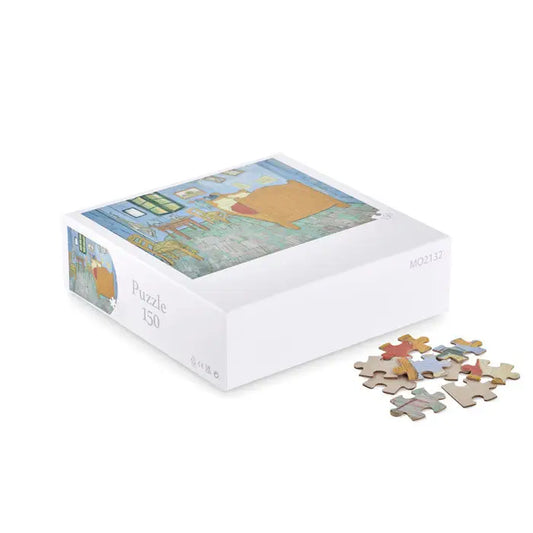 Cutie de puzzle din carton alb cu ilustrație colorată scene interioară etichetată puzzle 150 piese