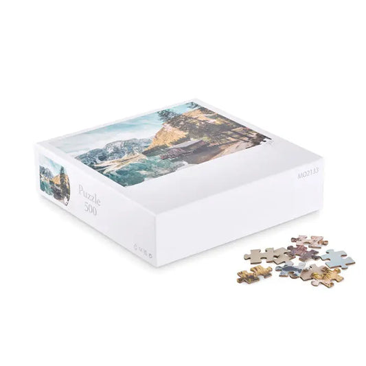 Puzzle de 500 de piese cu cutie alba si pe capac un peisaj montan scenic imprimat