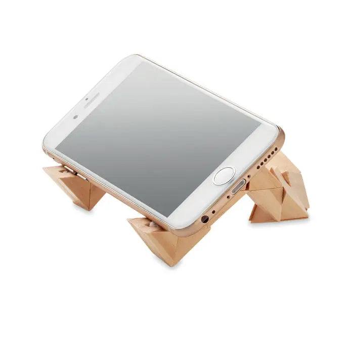 Minimalist suport de telefon din lemn cu design geometric origami sustinand un iphone model puzzle din lemn creiera