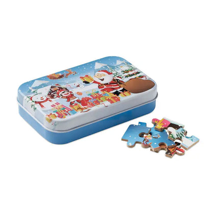 Cutie puzzle metalica albastra cu design festiv mos craciun si om de zapada si piese de lemn imprastiate