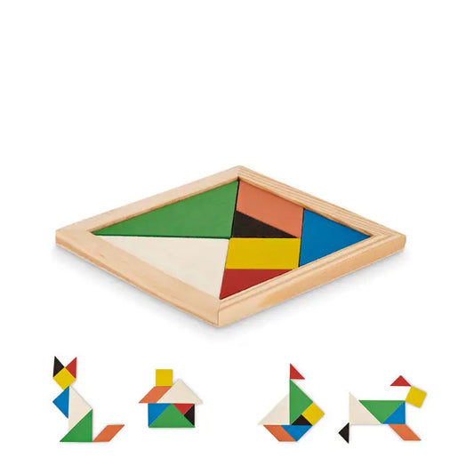 Rame de lemn cu piese colorate puzzle tangram geometric aranjate in model diamant