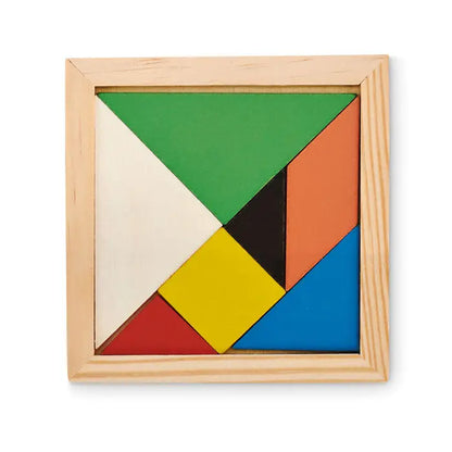 Puzzle tangram din lemn cu piese geometrice colorate in rama naturala usoara din lemn