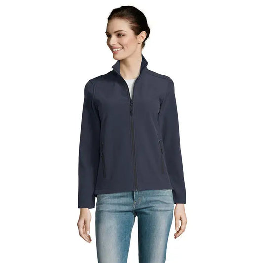 Navy blue women’s softshell jacket race femei softshell zip with zippered pockets and high collar