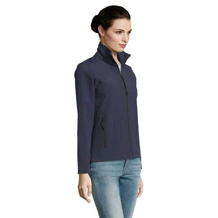 Jachetă softshell pentru femei race femei navy albastru cu buzunare cu fermoar și guler înalt