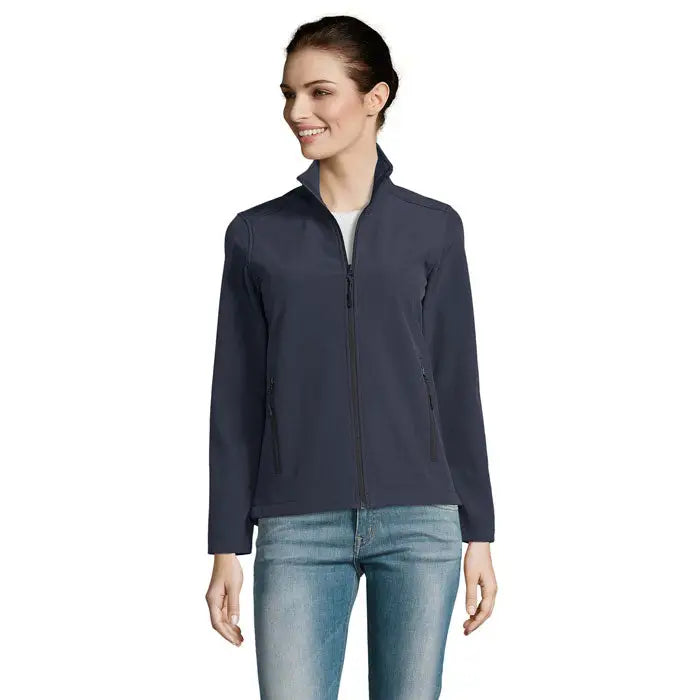 Jachetă softshell pentru femei race femei navy albastru cu buzunare cu fermoar și guler înalt