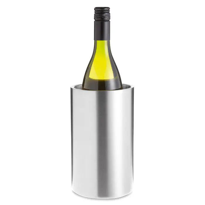 Racitor de sticle din otel inoxidabil argintiu cu o sticla de vin verde