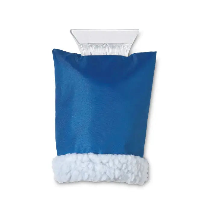 Racleta de gheata auto cu manusa din material albastru si captuseala alba din blana sintetica pentru protecție si confort