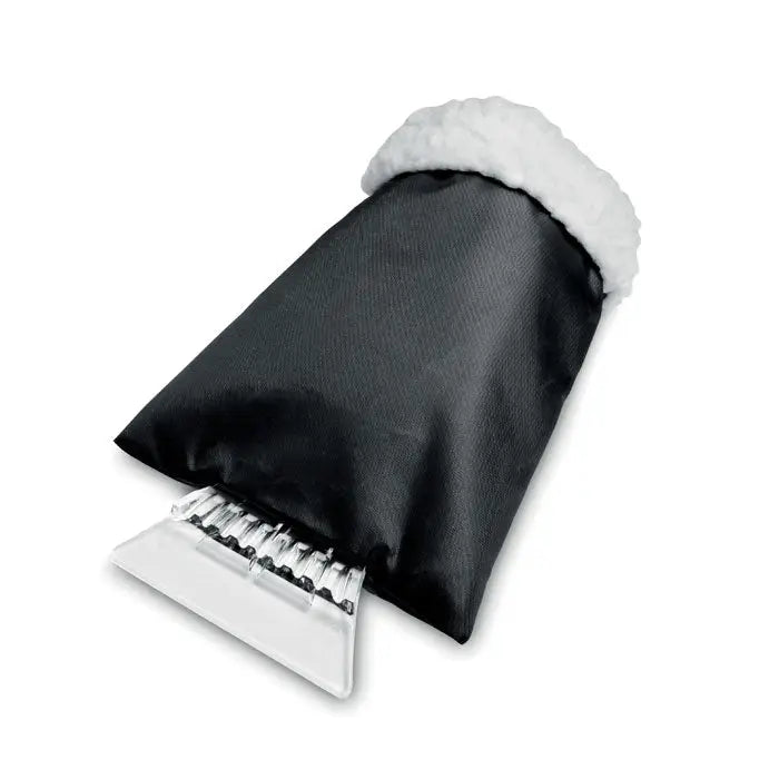 Racleta de gheata auto cu manusa neagra izolata si lama transparenta din plastic cu maner captusit cu polar alb