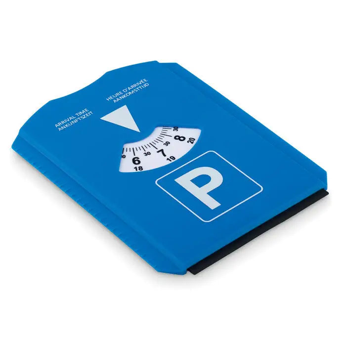 Racleta de gheata albastra din plastic cu marcaje albe si simbol p pentru cardul de parcare