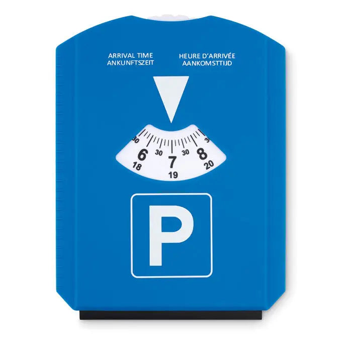 Indicator de timp de sosire pentru parcare din plastic albastru cu cadran alb si etichete multilingve pentru racleta de gheata