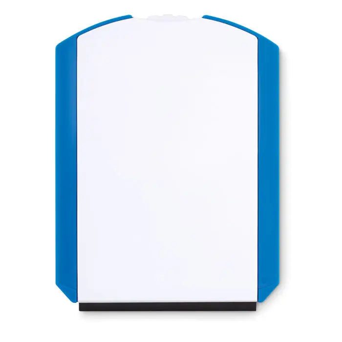 Raclata de gheata alb albastru cu rame pe un bord alb pentru parcare cu radiera neagra in partea de jos