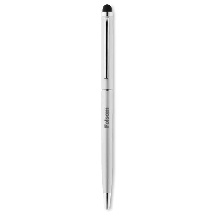 Stylus metalic argintiu cu varf negru si numele de brand folsom gravat pentru rasuciti si atingeti pixul