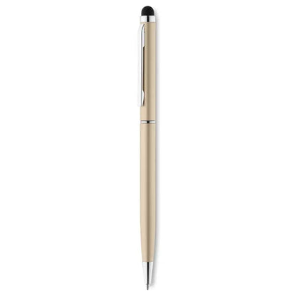 Beige metallic stylus pen cu accente argintii si varf negru pentru rasuciti si atingeti pixul