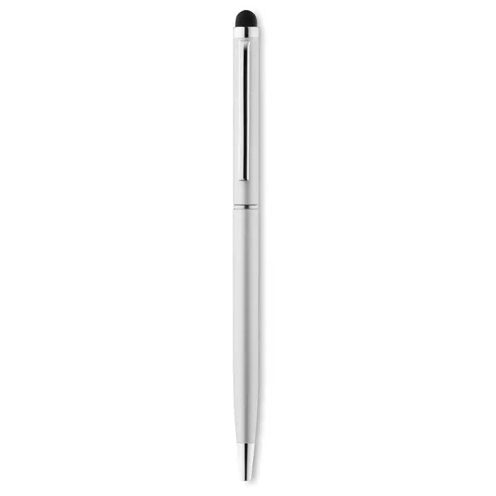 Stylus metalic argintiu cu vârf negru și design elegant minimalist pentru rasuciti si atingeti pixul