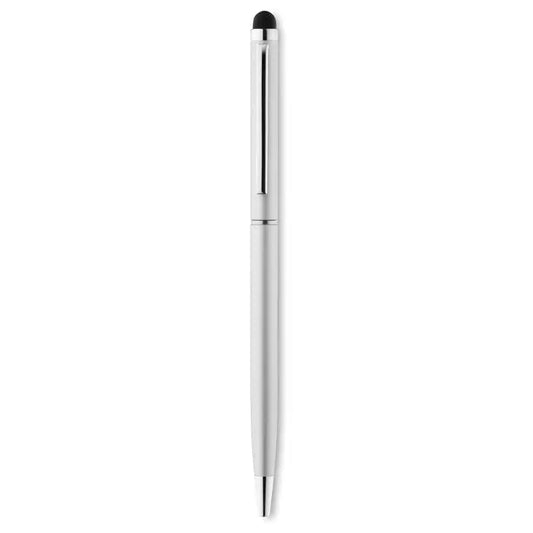 Stylus metalic argintiu cu vârf negru și design elegant minimalist pentru rasuciti si atingeti pixul