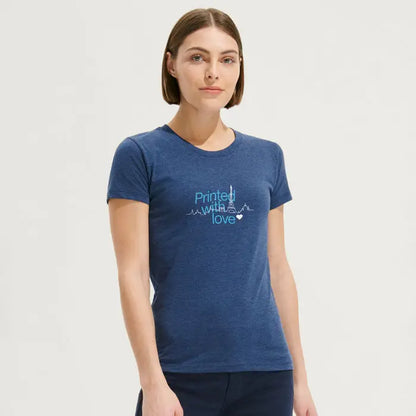 Tricou din bumbac albastru melanj regent fit femei 150g cu print eiffel tower si text printed with love