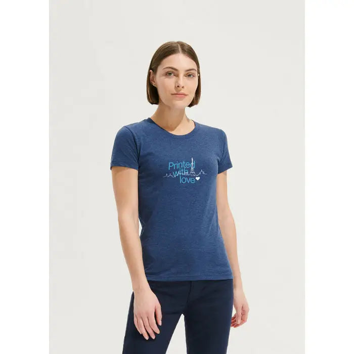 Tricou albastru închis din bumbac heathered regent fit femei 150g cu grafică albastru deschis printed with love și linie ecg