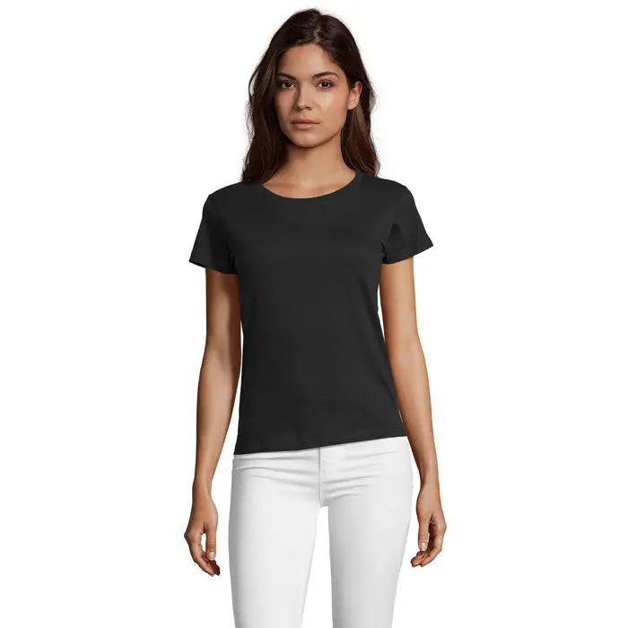 Tricou negru de dama regent fit cu maneci scurte si guler rotund din bumbac 150g