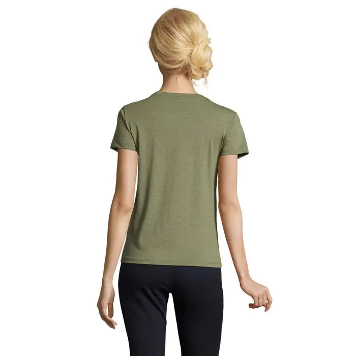 Tricou olive green cu mâneci scurte și guler simplu pentru femei regent fit 150g din material ușor