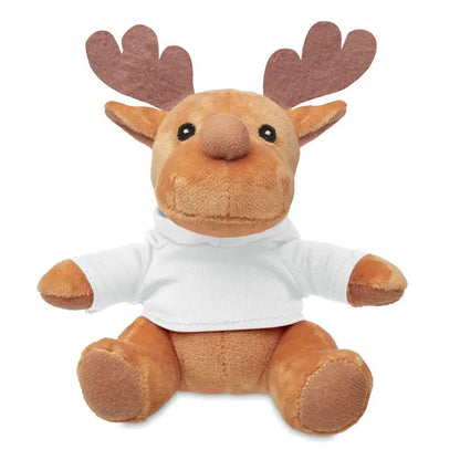 Pluș moose maro purtând un tricou alb ren de plus cu hanoraș