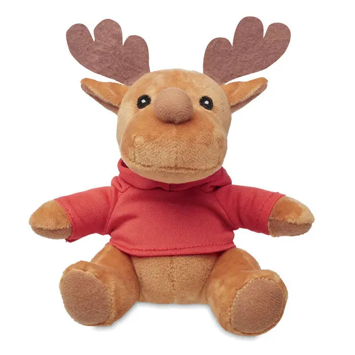 Ren de plus cu hanoras este un pluș maro moose purtând hanorac roșu pentru joacă și decor