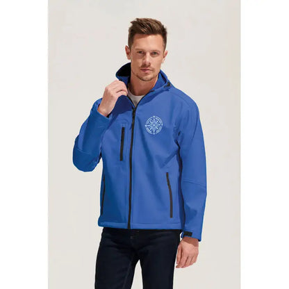 Jachetă softshell albastră replay barbati gluga cu logo busolă alb și fermoare negre