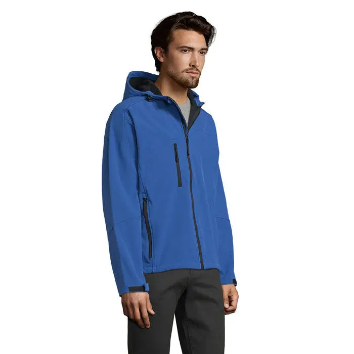 Jachetă softshell blue cu glugă replay barbati, fermoare negre și căptușeală interioară contrastantă