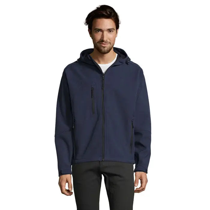 Jachetă softshell cu glugă Replay Barbati navy albastru și fermoar negru, ideală pentru exterior