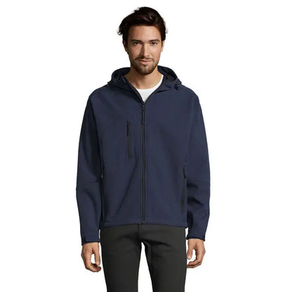 Jachetă softshell cu glugă replay barbati în albastru navy cu accente negre la fermoar, material softshell moale