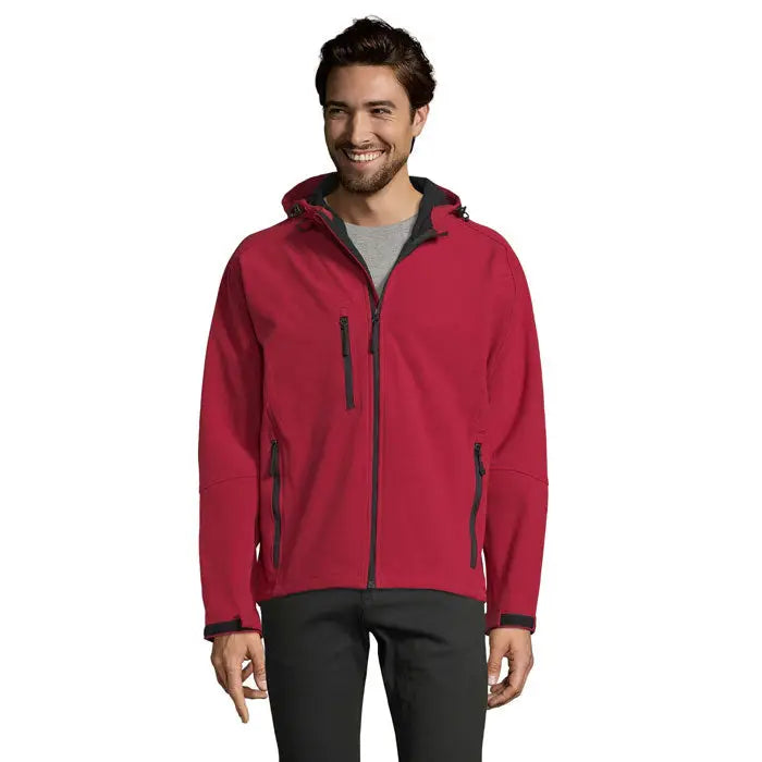 Jachetă softshell replay barbati roșie cu fermoare negre și glugă căptușită neagră