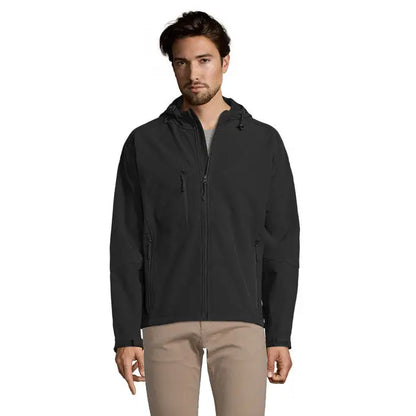 Jachetă softshell neagră replay barbati gluga cu buzunare cu fermoar și fermoar frontal integral