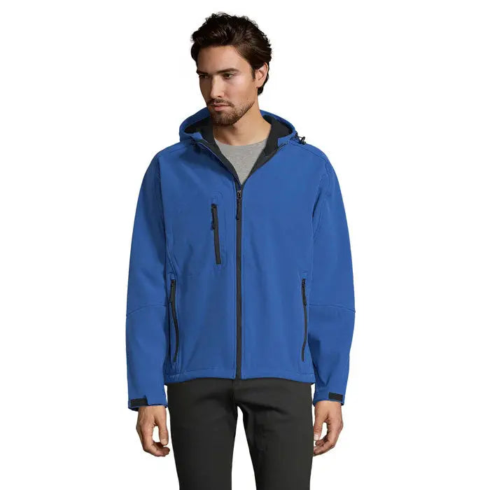 Bluza softshell albastră replay barbati gluga cu fermoar negru și tiv, ideală pentru protecție și confort