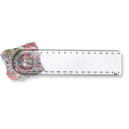 Riglă cu lupă albă din plastic cu design harta colorată și raportor integrat pentru măsurători precise