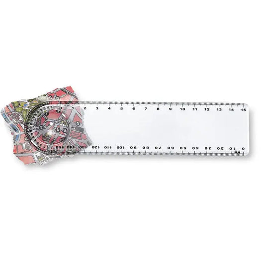 Riglă cu lupă albă din plastic cu design harta colorată și raportor integrat pentru măsurători precise