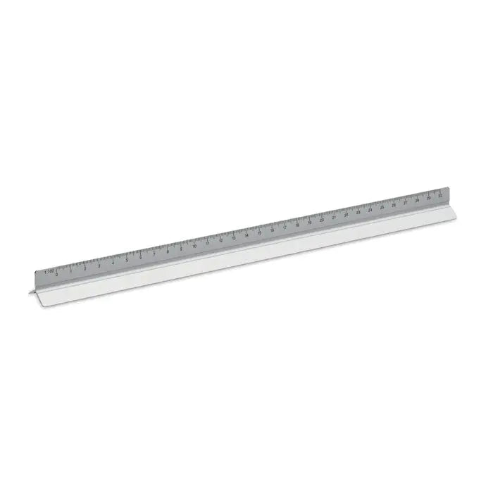 Riglă de 30 cm din aluminiu cu bază albă din plastic și marcaje clare pentru măsurare precisă
