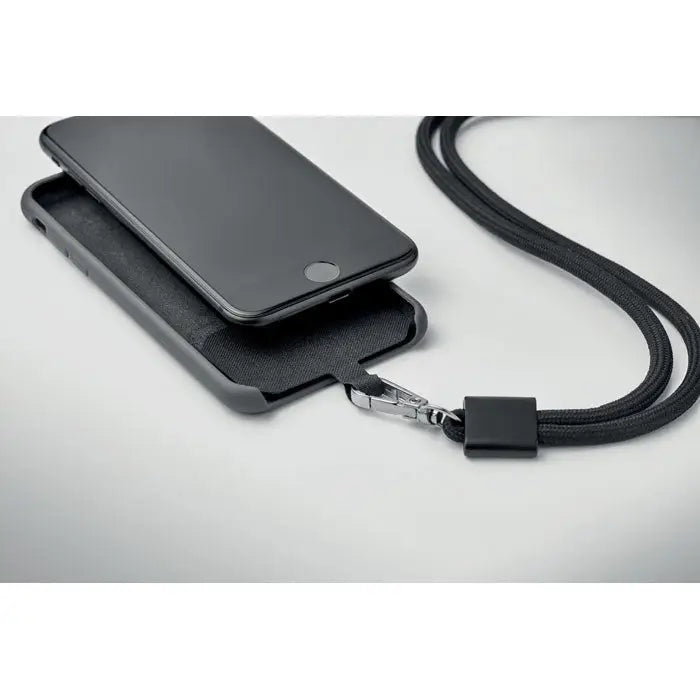 Carcasă neagră rpets pentru telefon cu snur integrat și clemă, văzută din spate