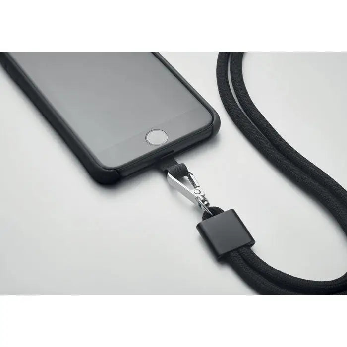 Lanyard negru impletit pentru telefon rpet cu clema metalica argintie si conector plastic negru
