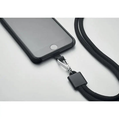 Lanyard negru impletit pentru telefon rpet cu clema metalica argintie si conector plastic negru