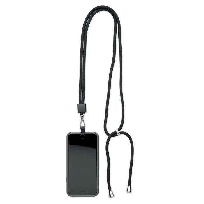Snur suport telefon rpet negru cu cordon reglabil si accesorii metalice argintii elegante