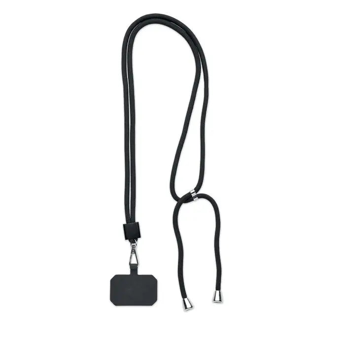 Snur negru rpet cu suport elegant dreptunghiular din plastic negru si carlige metalice argintii pentru telefon