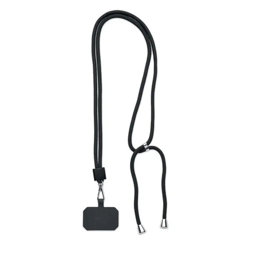 Snur negru rpet cu suport elegant dreptunghiular din plastic negru si carlige metalice argintii pentru telefon