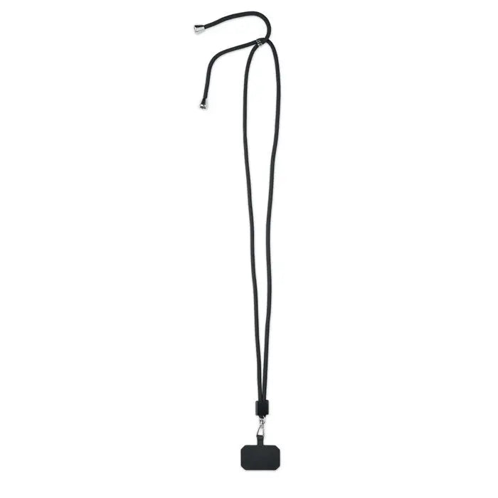 Lanyard negru rpET cu etichetă dreptunghiulară din plastic și accesorii metalice argintii pentru suport telefon