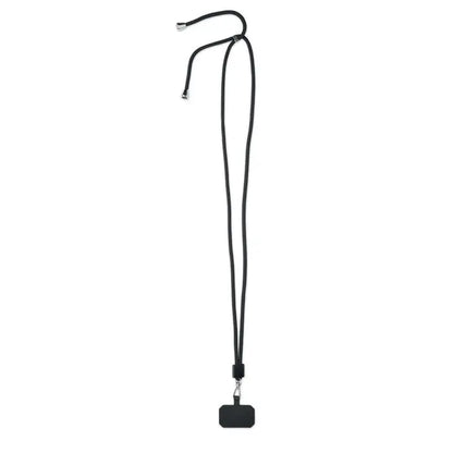 Lanyard negru rpET cu etichetă dreptunghiulară din plastic și accesorii metalice argintii pentru suport telefon