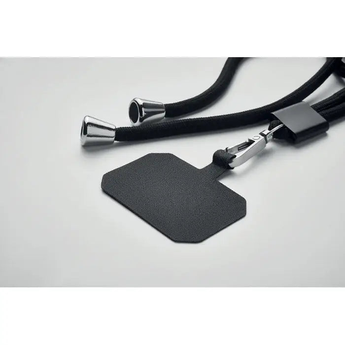 Lanyard negru texturat rpet cu capete metalice argintii și clips pentru suport telefon