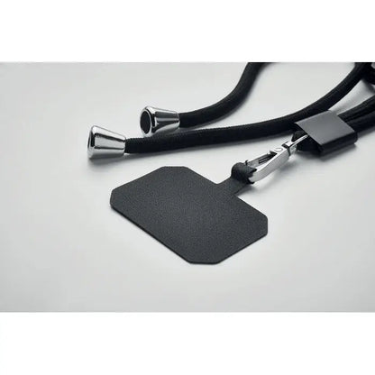 Lanyard negru texturat rpet cu capete metalice argintii și clips pentru suport telefon